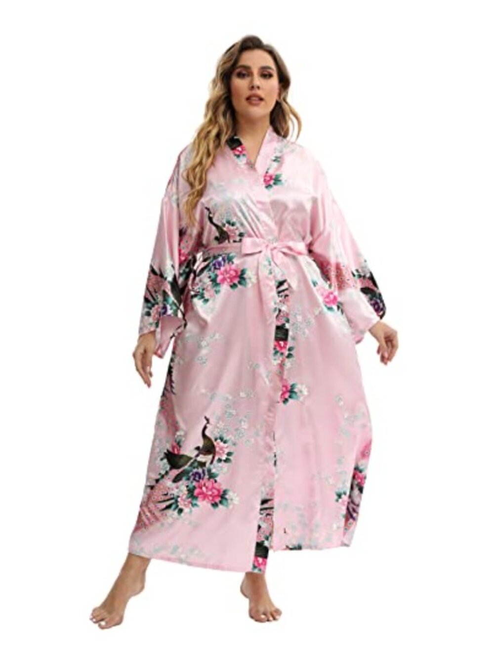 Women's Plus Size Long Satin Robe Silk Kimono Sleepwear Dressing Gown